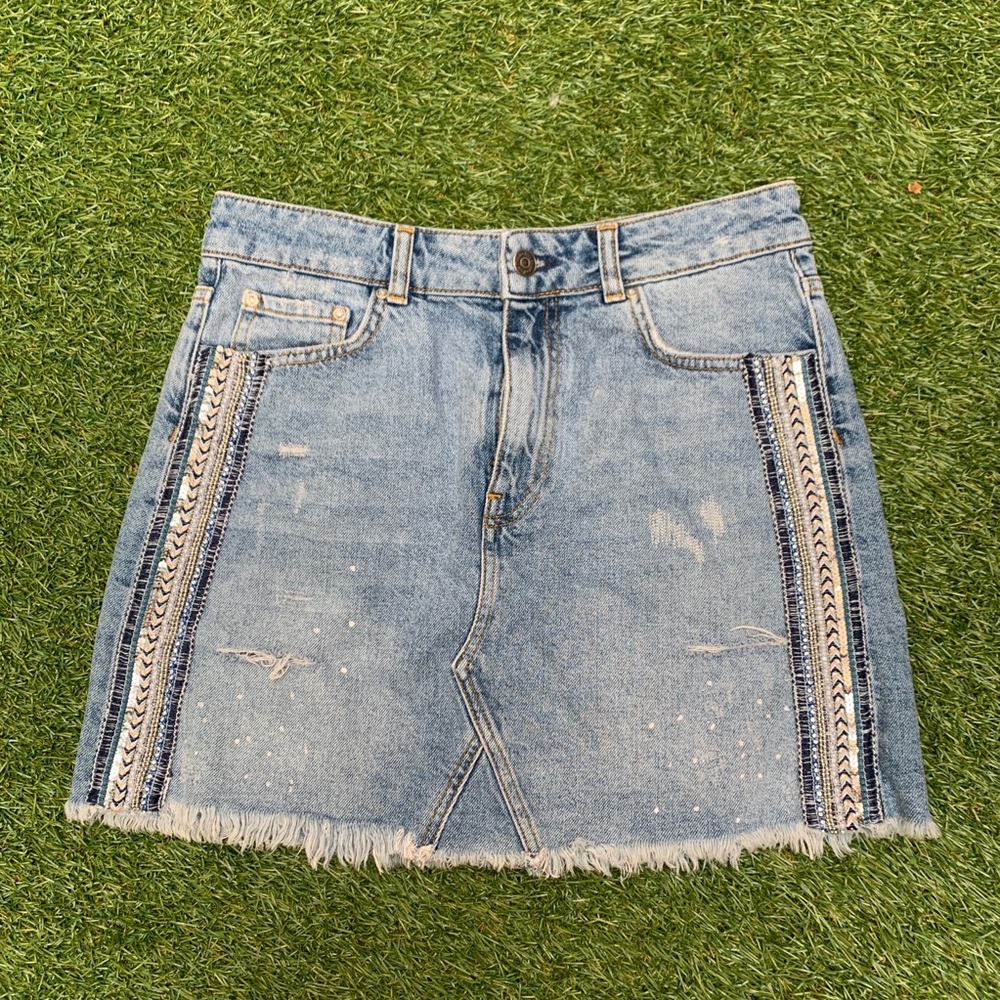 Free People Light Blue Denim Mini Skirt with Side Embroidery